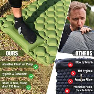 Self Inflating Camping Sleeping Pad - Ultralight Camping Mat with Pillow & Foot Pump Thick Waterproof 3.2‘’ Compact Lightweight Sleeping Air Pads for Tent Backpacking Hiking Outdoor Portable Traveling