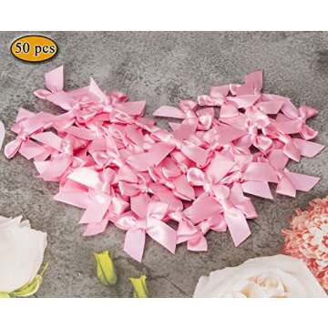 YASEO 50 Pcs Hot Pink Mini Satin Bows, Small Ribbon Appliques Bows for Sewing, Scrapbooking, Gift and Crafts