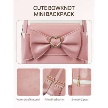 Telena Mini Backpack for Girls Womens Cute Bowknot Small Purse Leather Bookbag, Pink-White