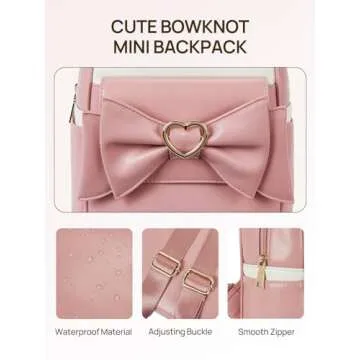 Telena Mini Backpack for Girls Womens Cute Bowknot Small Purse Leather Bookbag, Pink-White