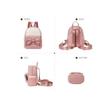 Telena Mini Backpack for Girls Womens Cute Bowknot Small Purse Leather Bookbag, Pink-White