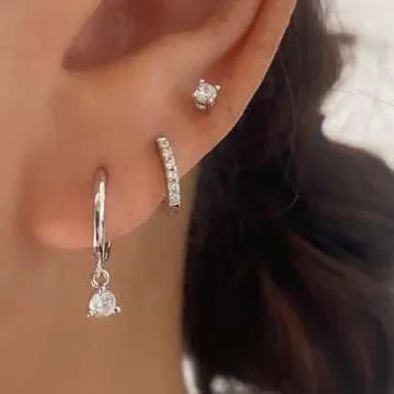 Silver Earrings Set for Women, Hypoallergenic & Stackable