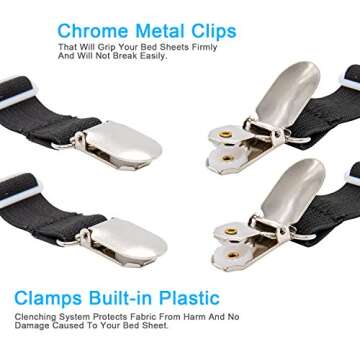 BetyBedy 4Pcs Adjustable Bed Sheet Fasteners Suspenders, Elastic Sheet Band Straps Clips, Cover Grippers Suspenders Holder for Mattress Pad Cover, Sofa Cushion (Black)