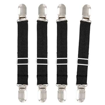 BetyBedy 4Pcs Adjustable Bed Sheet Fasteners Suspenders, Elastic Sheet Band Straps Clips, Cover Grippers Suspenders Holder for Mattress Pad Cover, Sofa Cushion (Black)