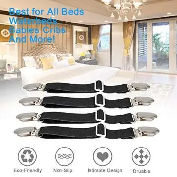 BetyBedy 4Pcs Adjustable Bed Sheet Fasteners Suspenders, Elastic Sheet Band Straps Clips, Cover Grippers Suspenders Holder for Mattress Pad Cover, Sofa Cushion (Black)