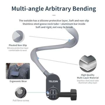 TELESIN Plus Magnetic Neck Mount for Go Pro Phone Holder, Quick Release POV Video Vlog Flexible Angle Necklace Holder for GoPro Hero 13 12 11 10 9 Insta360 X3 X4 DJI Action 3 4 5 Pro iPhone Android