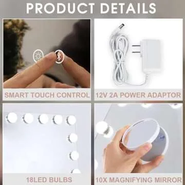 FENCHILIN Vanity Mirror for Makeup with Speaker Extra Large Hollywood Lighted Mirror with 18 Dimming LED Bulbs Smart, Tabletop/Hanging Cosmetic Mirror with Touch Screen & USB Charging Port