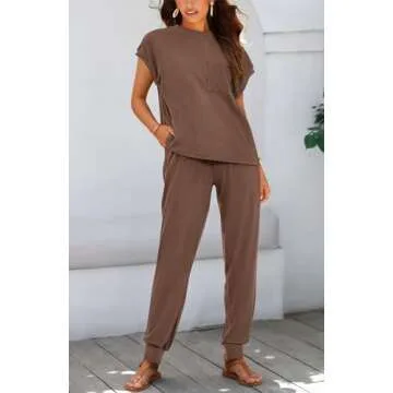 BTFBM 2 Piece Outfits for Women Ribbed Knit Lightweight Matching Lounge Sets Cap Sleeve Top and Elas...