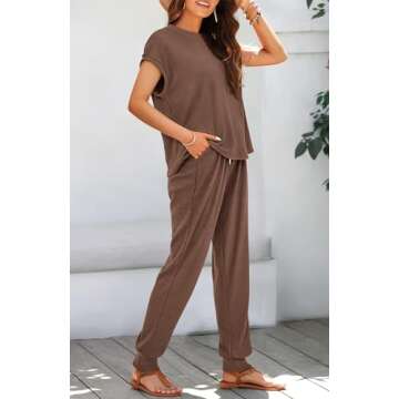 BTFBM 2 Piece Outfits for Women Ribbed Knit Lightweight Matching Lounge Sets Cap Sleeve Top and Elastic Waisted Pants(Solid Coffee,Medium)