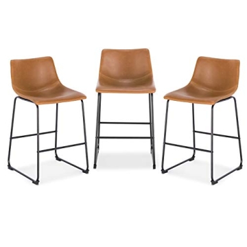 EdgeMod Brinley Modern Upholstered PU Leather Counter Bar Stool Set of 3, 24 Inch Tan