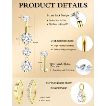 LOLIAS Gold Belly Button Ring - 14G Surgical Stainless Steel Belly Rings Hypoallergenic Clicker Belly Button Piercings for Women CZ Dangle Belly Button Rings Navel Piercing Pack Silver/Gold