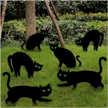 Ivenf Halloween Decorations Outdoor, 6ct Black Cat Decor Yard Signs with Stakes, Scary Silhouette wi...