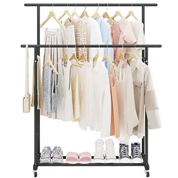 Calmootey Double Rod Clothing Garment Rack,Rolling Hanging Clothes Rack,Portable Clothes Organizer f...