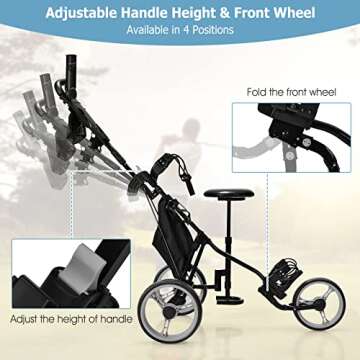 Tangkula Golf Push Pull Cart with Seat, Lightweight Foldable Collapsible 3 Wheels Golf Push Cart, Golf Trolley with Foot Brake, Adjustable Umbrella Holder & Seat, 4 Height Position Handle