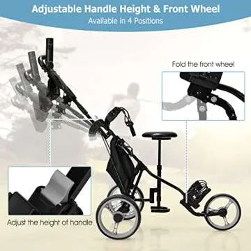 Tangkula Golf Push Pull Cart with Seat, Lightweight Foldable Collapsible 3 Wheels Golf Push Cart, Golf Trolley with Foot Brake, Adjustable Umbrella Holder & Seat, 4 Height Position Handle