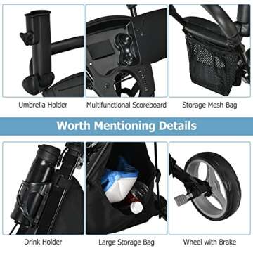 Tangkula Golf Push Pull Cart with Seat, Lightweight Foldable Collapsible 3 Wheels Golf Push Cart, Golf Trolley with Foot Brake, Adjustable Umbrella Holder & Seat, 4 Height Position Handle