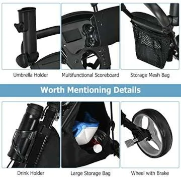 Tangkula Golf Push Pull Cart with Seat, Lightweight Foldable Collapsible 3 Wheels Golf Push Cart, Golf Trolley with Foot Brake, Adjustable Umbrella Holder & Seat, 4 Height Position Handle