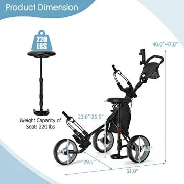Tangkula Golf Push Pull Cart with Seat, Lightweight Foldable Collapsible 3 Wheels Golf Push Cart, Golf Trolley with Foot Brake, Adjustable Umbrella Holder & Seat, 4 Height Position Handle