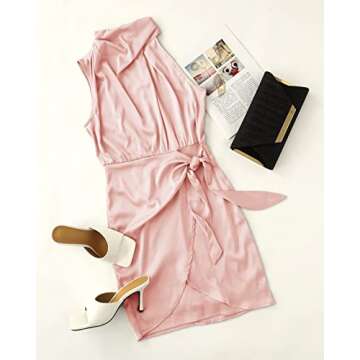 ZESICA Women's Fashion Satin Sleeveless Halter Neck Tie Waist Wrap Bodycon Cocktail Party Mini Dress,LightPink,Small