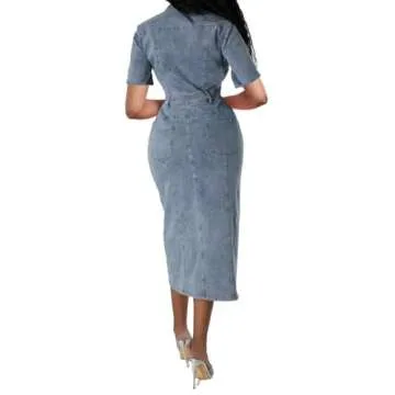 Chic Women's Bodycon Denim Dress with Pockets for Parties