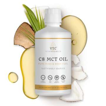 VTC VitaTradingCo. 100% Pure C8 MCT Oil | 3X Distilled Caprylic Acid | Healthy Fat for Clean Energy | Sustainably Sourced | Non-GMO, Paleo, Keto | 32oz, 64 Servings (Unflavored)