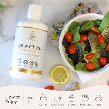 VTC VitaTradingCo. 100% Pure C8 MCT Oil | 3X Distilled Caprylic Acid | Healthy Fat for Clean Energy | Sustainably Sourced | Non-GMO, Paleo, Keto | 32oz, 64 Servings (Unflavored)