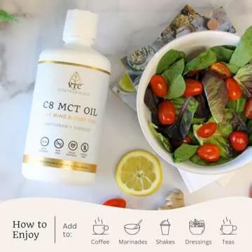 VTC VitaTradingCo. 100% Pure C8 MCT Oil | 3X Distilled Caprylic Acid | Healthy Fat for Clean Energy | Sustainably Sourced | Non-GMO, Paleo, Keto | 32oz, 64 Servings (Unflavored)