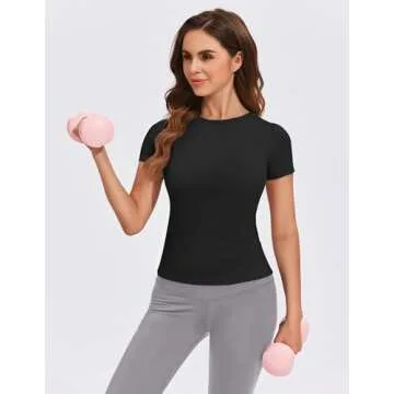 PINSPARK Workout Top Women Compression Crew Neck Fit