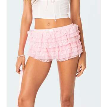 NUFIWI Women Lolita Bloomers Pink Ruffle Shorts Cute Lace Pumpkin Pants Sexy Boyshorts Layered Bottoms Y2k Fairy Sweet Pettipants(F Pink,S)