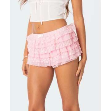 NUFIWI Women Lolita Bloomers Pink Ruffle Shorts Cute Lace Pumpkin Pants Sexy Boyshorts Layered Bottoms Y2k Fairy Sweet Pettipants(F Pink,S)