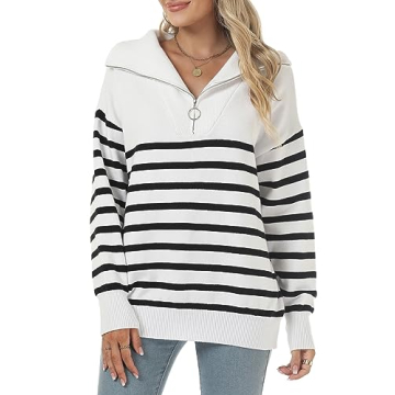 ELGOGY Women's Black and White Striped Sweater Quarter Zip Oversized Ribbed Knit Pullover Sweater