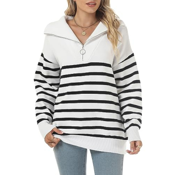 ELGOGY Women's Black and White Striped Sweater Quarter Zip Oversized Ribbed Knit Pullover Sweater