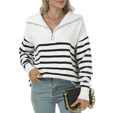 ELGOGY Women's Black and White Striped Sweater Quarter Zip Oversized Ribbed Knit Pullover Sweater