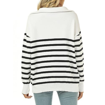 ELGOGY Women's Black and White Striped Sweater Quarter Zip Oversized Ribbed Knit Pullover Sweater