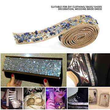 Crystal Beaded Ribbon Rhinestone Ribbon Roll Iron on Patch for Prom Dresses Belt Applique Clothes Bag Shoes Wedding Party Decoration 1M(Blue Gold Rice Beads Gold Chain)