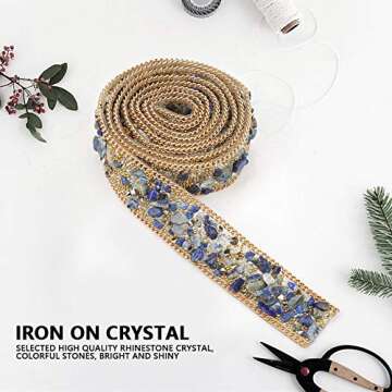 Crystal Beaded Ribbon Rhinestone Ribbon Roll Iron on Patch for Prom Dresses Belt Applique Clothes Bag Shoes Wedding Party Decoration 1M(Blue Gold Rice Beads Gold Chain)
