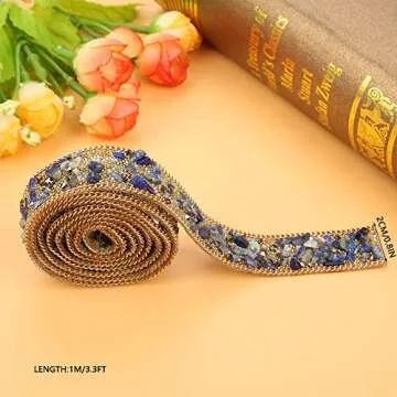 Crystal Beaded Ribbon Rhinestone Ribbon Roll Iron on Patch for Prom Dresses Belt Applique Clothes Bag Shoes Wedding Party Decoration 1M(Blue Gold Rice Beads Gold Chain)