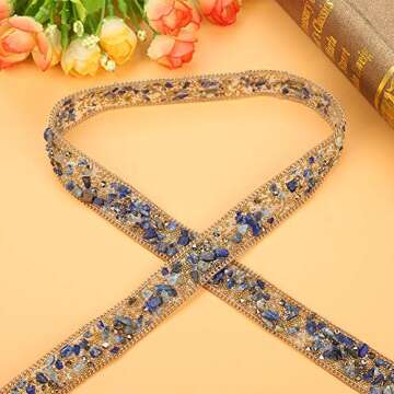 Crystal Beaded Ribbon Rhinestone Ribbon Roll Iron on Patch for Prom Dresses Belt Applique Clothes Bag Shoes Wedding Party Decoration 1M(Blue Gold Rice Beads Gold Chain)