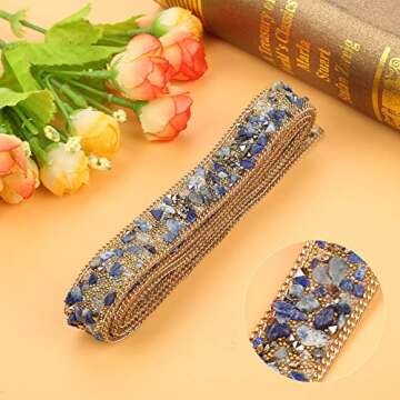 Crystal Beaded Ribbon Rhinestone Ribbon Roll Iron on Patch for Prom Dresses Belt Applique Clothes Bag Shoes Wedding Party Decoration 1M(Blue Gold Rice Beads Gold Chain)
