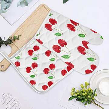 Chic Red Cherry Oven Mitt & Pot Holder Set for Cooking