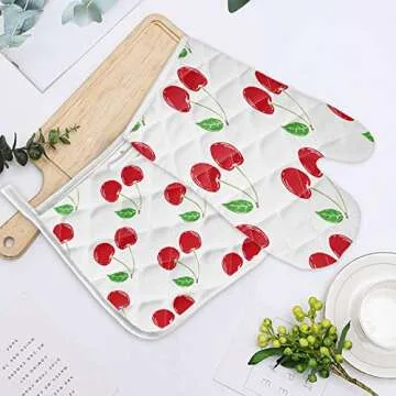 Chic Red Cherry Oven Mitt & Pot Holder Set for Cooking