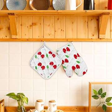 Chic Red Cherry Oven Mitt & Pot Holder Set for Cooking