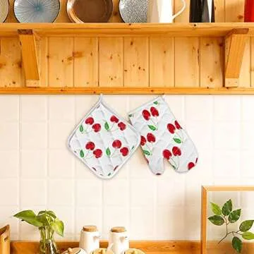 Chic Red Cherry Oven Mitt & Pot Holder Set for Cooking