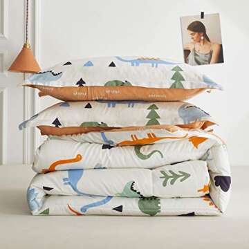 Joyreap 3pcs Cotton Comforter Set for Kids, Dinosaur Full/Queen Size Cotton Bedding Comforter for Boys Girls, White n Orange Reversible Design, Soft n Cozy Comforter for All Season- 88x88 inches