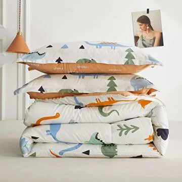Joyreap 3pcs Cotton Comforter Set for Kids, Dinosaur Full/Queen Size Cotton Bedding Comforter for Boys Girls, White n Orange Reversible Design, Soft n Cozy Comforter for All Season- 88x88 inches