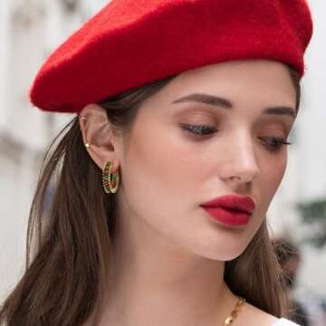 GLOQUAT Red and Green Christmas Hoop Earrings - 14K Gold Plated 925 Silver, Trendy Festive Jewelry