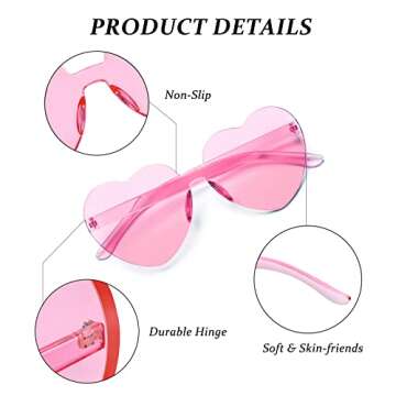 AOMASTE 6 Peices Heart Sunglasses Rimless Transparent Heart Shaped Glasses Candy Color Eyewear for Women Party Favor