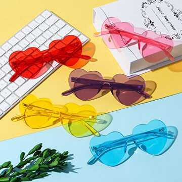 AOMASTE 6 Peices Heart Sunglasses Rimless Transparent Heart Shaped Glasses Candy Color Eyewear for Women Party Favor