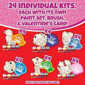 Valentines Cards for Kids Classroom -Mermaid & Pirate Wood Painting Kits (24ct)-Great Valentine's Day Gifts for Kids School Exchange -Each Valentine has Craft, Paints, Brush & Sticker for Boys & Girls