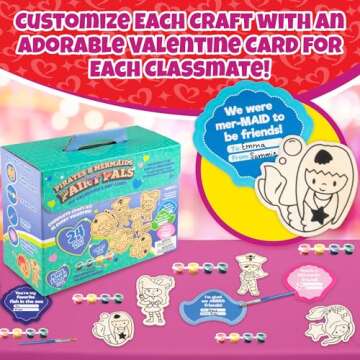 Valentines Cards for Kids Classroom -Mermaid & Pirate Wood Painting Kits (24ct)-Great Valentine's Day Gifts for Kids School Exchange -Each Valentine has Craft, Paints, Brush & Sticker for Boys & Girls